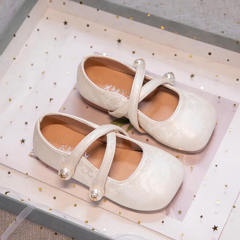 Children Pearls Cross Shoes Chinese National Style Kids Flowers Printed Princess Shoes Girls Leather Shoes for Party Wedding