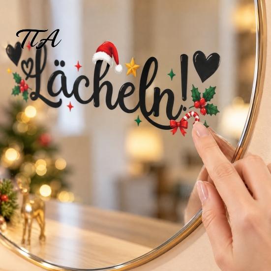 Christmas Mirror Decals for Bathroom Static Glass Sticker Mirror, Decorative PVC Window Decal with Holly Reusable Holiday Accents And Santa