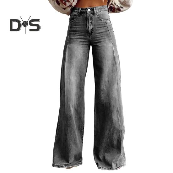 

Женские широкие брюки с высокой талией, повседневные брюки с 3D-принтом, карманами, застежкой-молнией на пуговицы, джинсовые брюки L черный серый