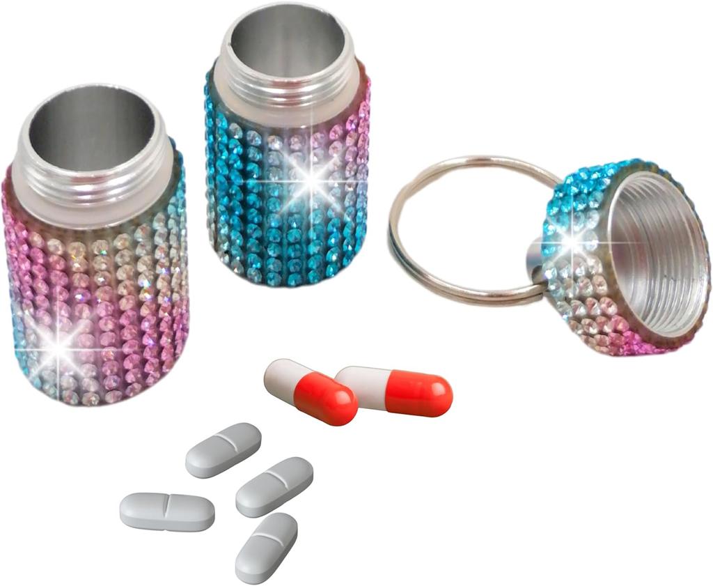 Rhinestones Keychain Pill Case Shiny Portable Pill Box 2 Compartments Easy To Take