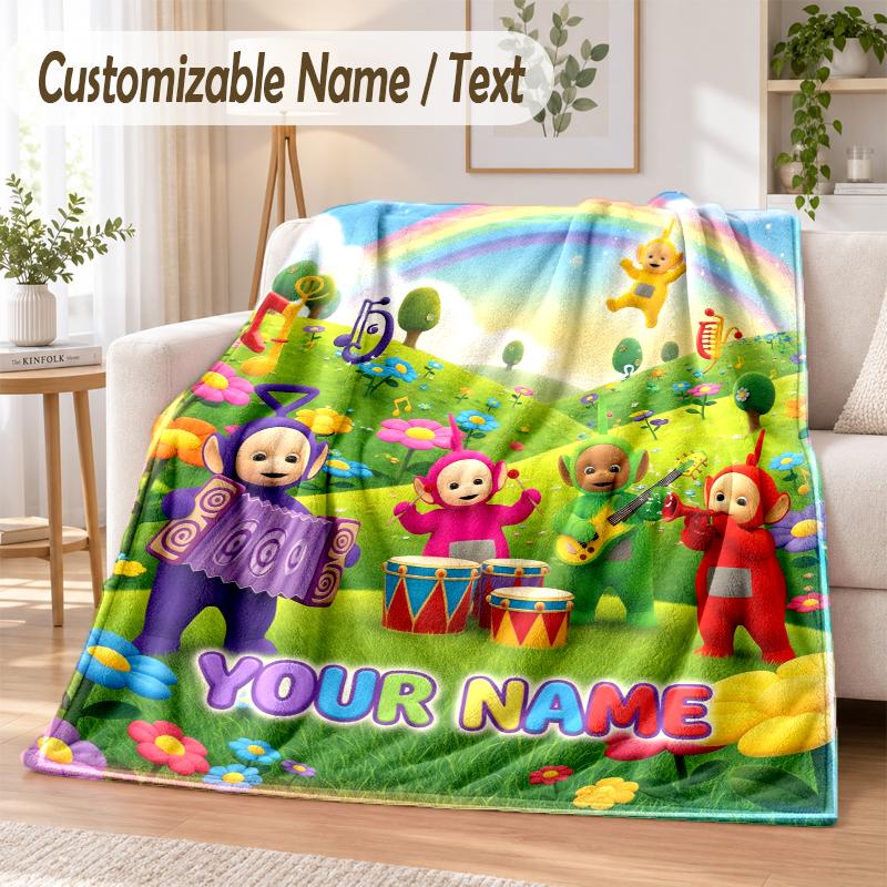 Teletubbies Custom Name Flannel Throw Blanket Soft Warm for Sofa Bed Indoor Home Use