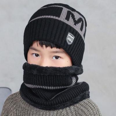 Winter Kindermuts Sjaal Set Letter Gedrukt Verdikt Elastisch Warm Antislip Zachte Koepel Winddicht Oor Nekbescherming Cap Nekwarp Set