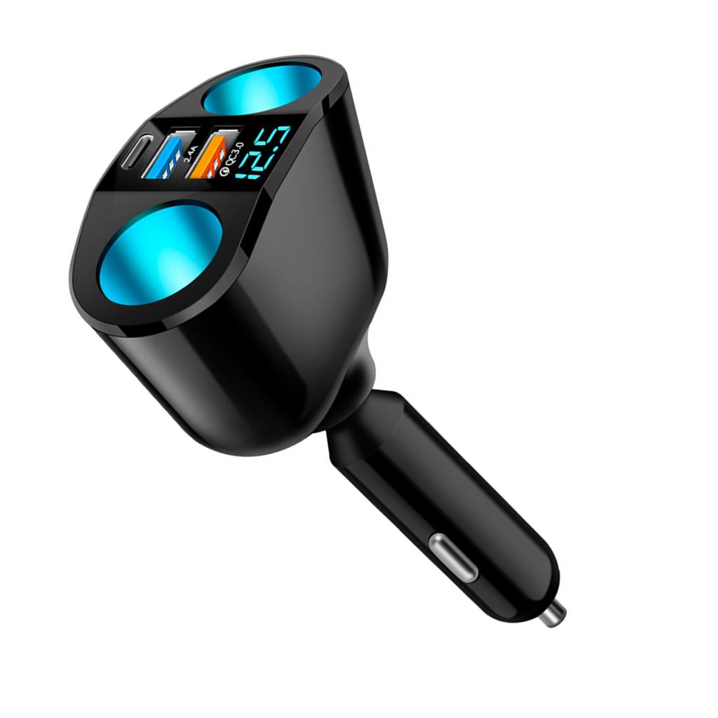 5 in 1 Car Charger Double USB Port Type C Quick Charging Power Splitter Adapter with Blue LED Light for Phones Tablets