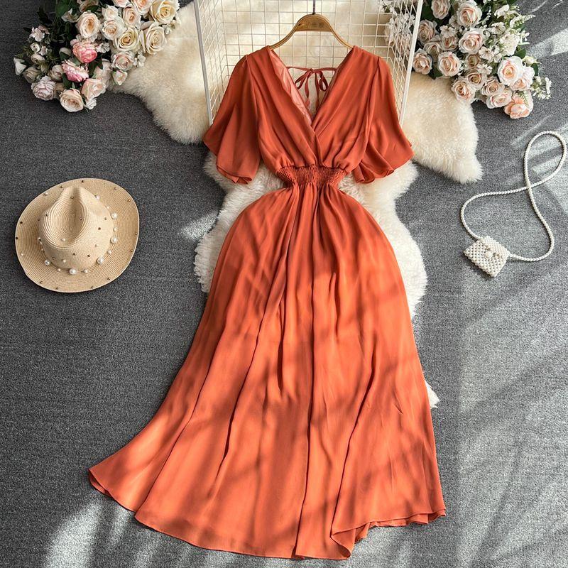 Retro V-neck Open Back A- line Large Hem Short Sleeve Dress