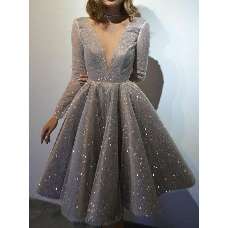 

Women Sexy Party Meeting Dress Female European and American Sexy V-neck Long sleeve dress Formal Dress Grey XL