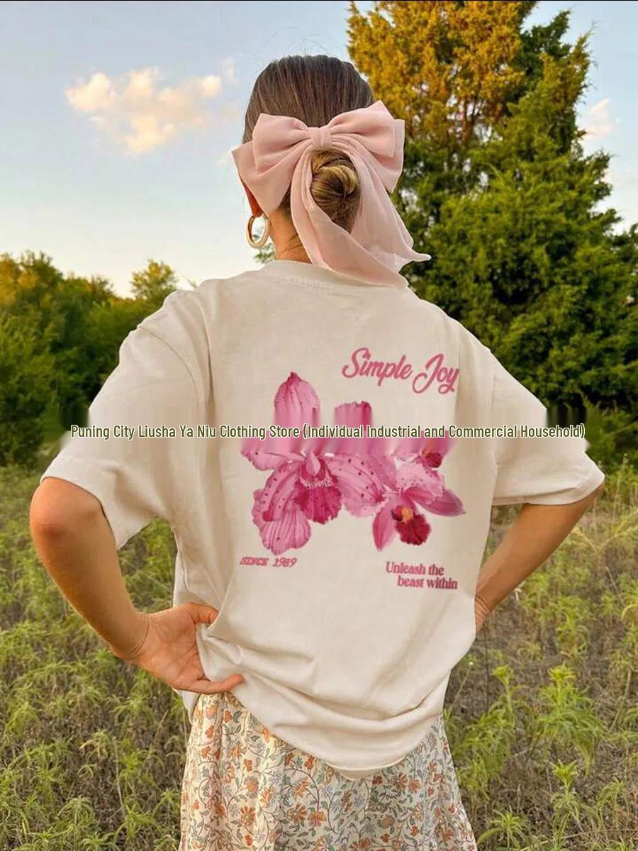 Sweet Floral Cotton Short-Sleeve Tee - European & American Style M бежевый