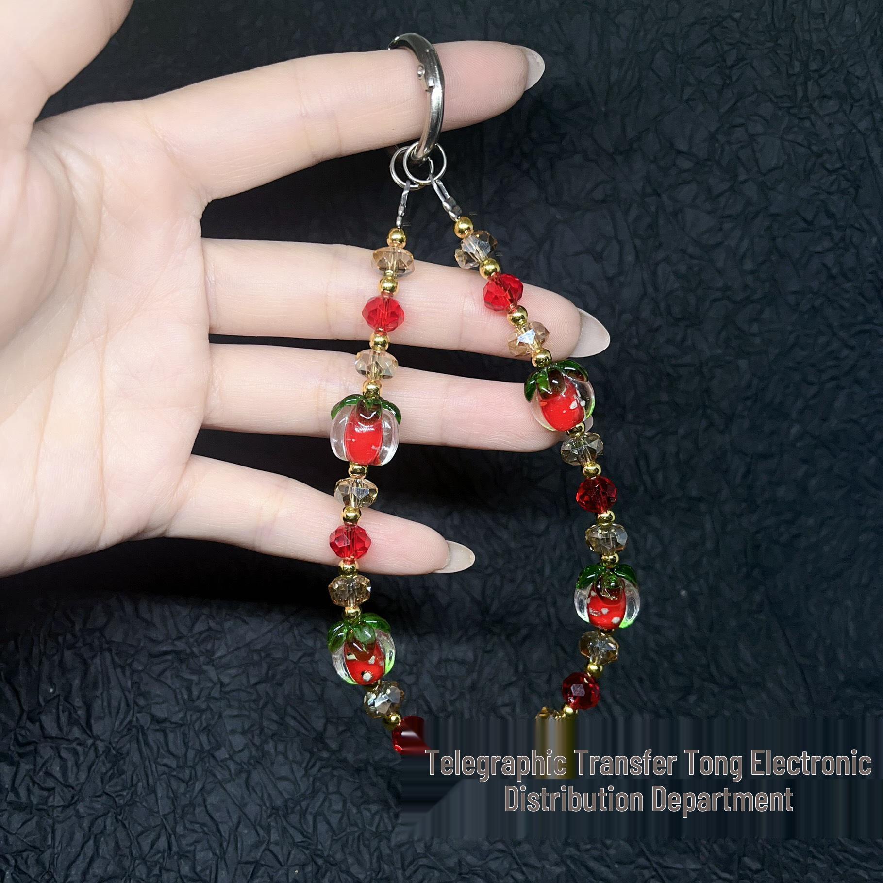 Simple Persimmon Crystal Beaded Phone Lanyard - Light Luxury Handheld Chain Pendant