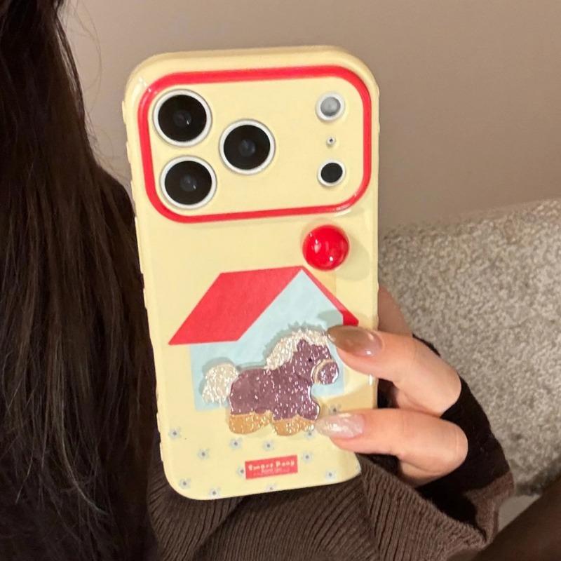 Korean 3D Cartoon Pony Horse Glitter House Phone Case For iPhone 17 16 15 14 13 12 Pro Max Shockproof Protective Soft Cover
