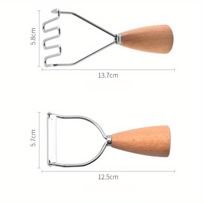 4-teiliges Set aus Edelstahl, Melonenschneider, Käseschneider, Obstschäler, Holzgriff, Kartoffelpresse, Eierschläger, Küchenwerkzeug mit Holzgriff