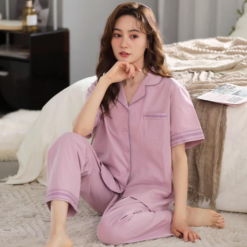 Pajamas Women's Summer Pure Cotton Short-sleeved Trousers Thin Summer Women's Korean Cardigan Cotton Simple Loungewear Set