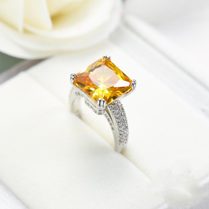 Luxus Princess Cut AAAAA Gelber Großer Zirkonia Massivsilberfarbener Ring Mit Mikrobesetztem Klarem Zirkonia Damen Verlobungsringe