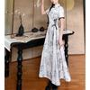 Summer Vintage Stand Collar Bandage Lace Up Dress Ladies Elegant Fashion Hollow Out A-line Robe Women Y2K Short Sleeve Vestidos