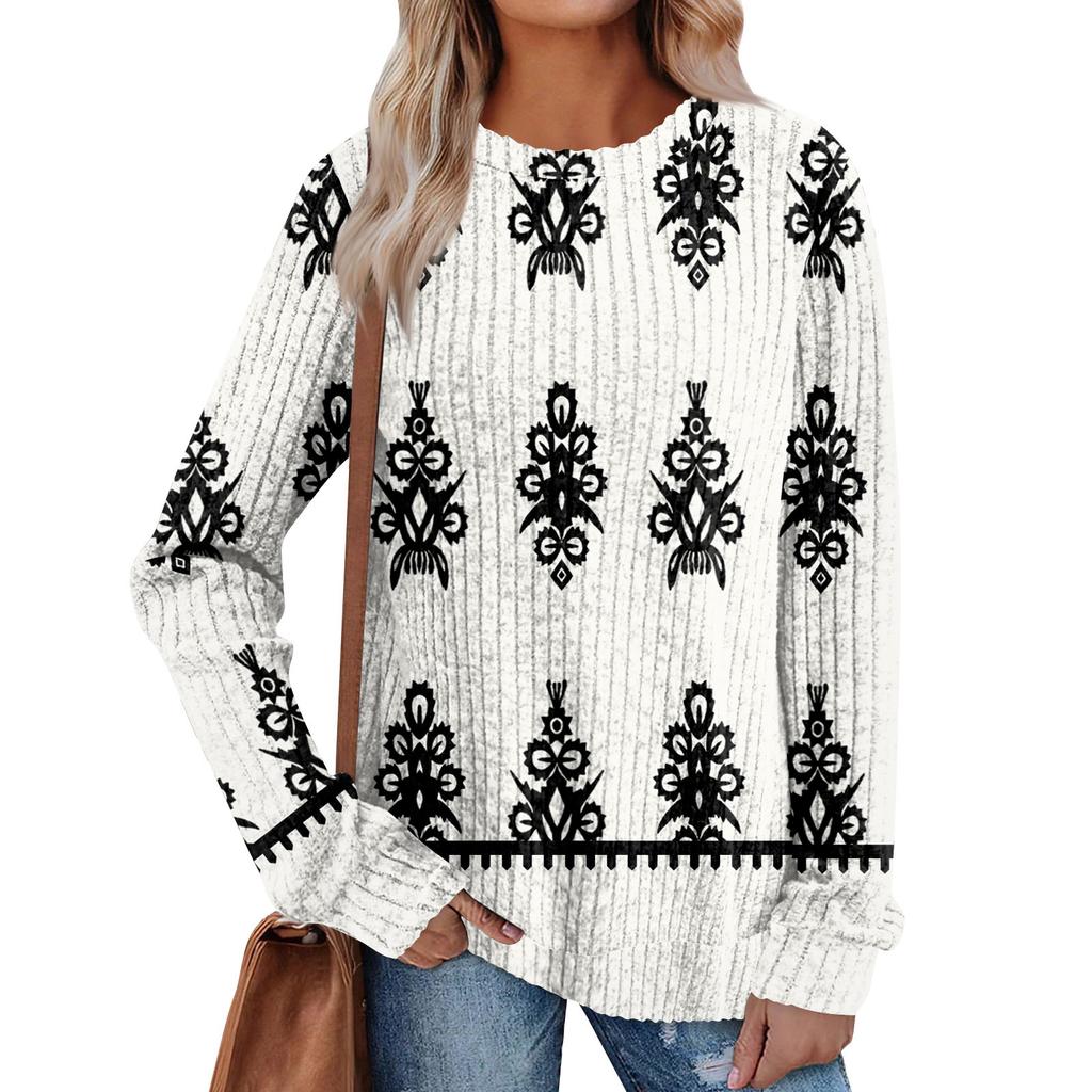 Women's Printed Lightweight Brushed-Cotton Round Neck Top