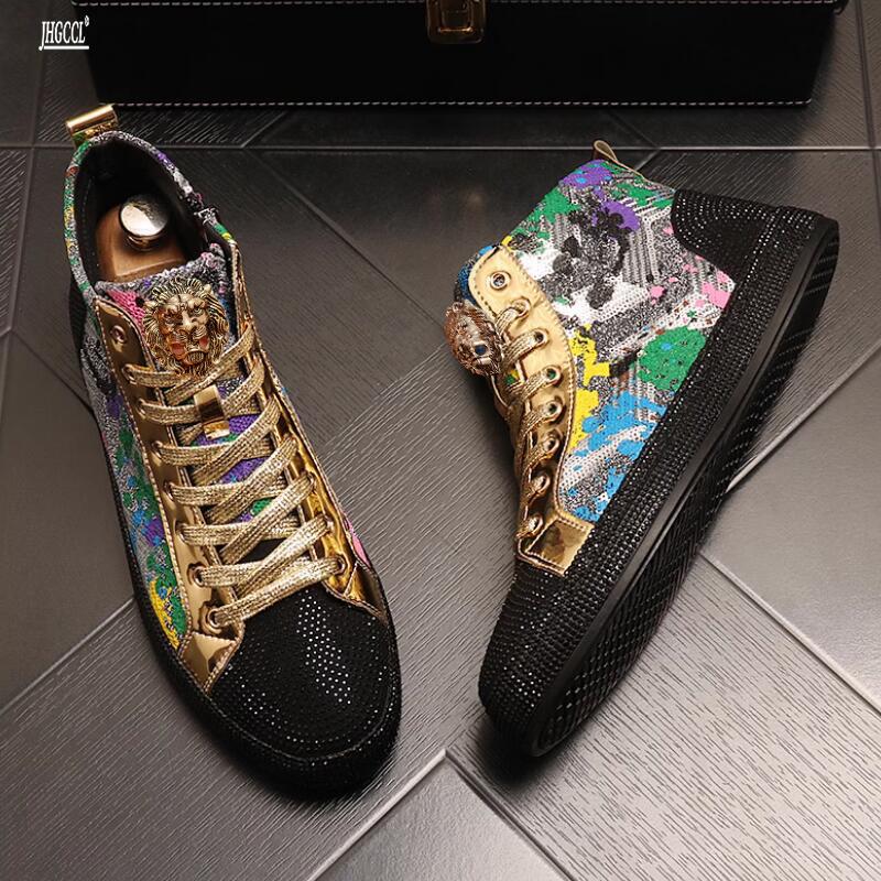 Fashion European fashion rhinestone sequin men's high top new network red shoes Korean version breathable high top board shoes