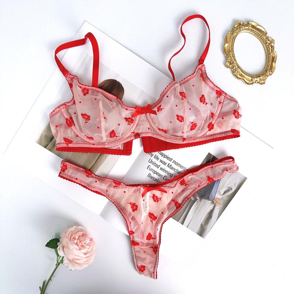 French Ultra Thin Women Underwear Set Sexy Flocking Push Up Bra Summer Ladies 6 Color Mesh Breathable Lingerie and Thong Sets
