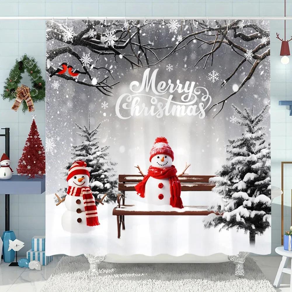Snowman Christmas Tree Shower Curtain Merry Christmas Gift Polyester Fabric Home Shower Curtain Bathroom Decoration with Hooks