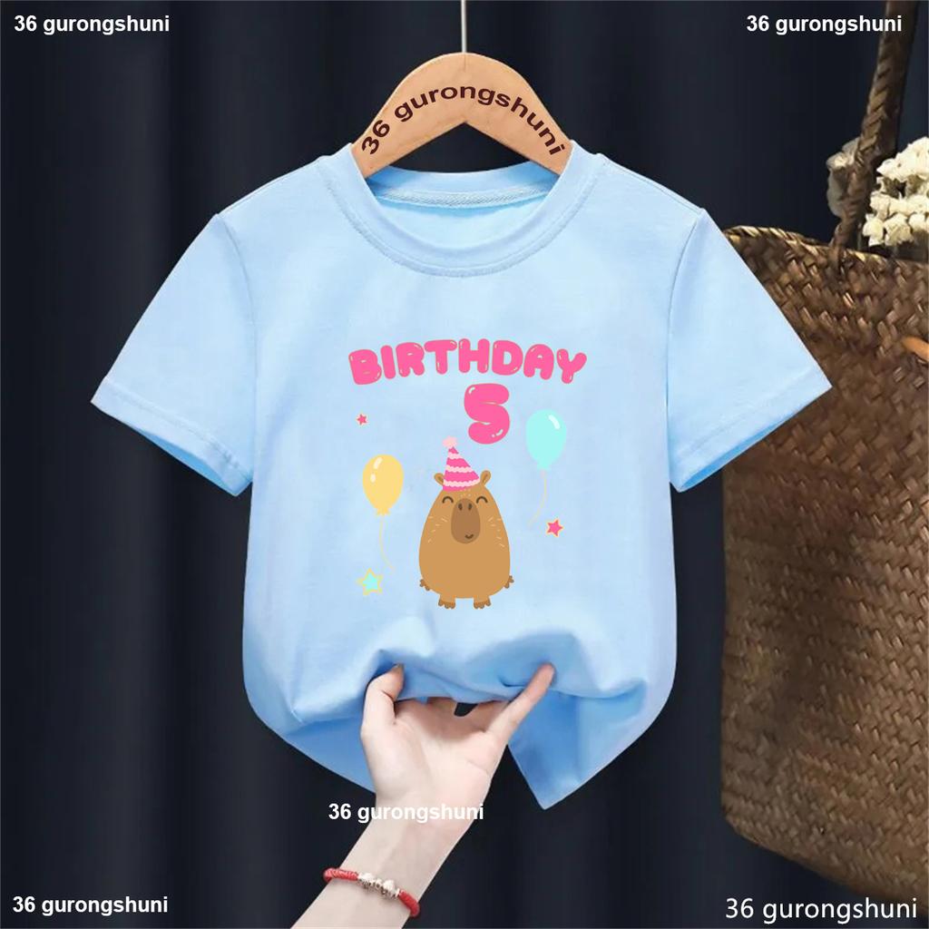5th/6th/7th/8th/9th Birthday Capybara Balloon Printed Tshirt Girls/Boys Funny Kawaii Kids Clothes Fashion Solid T-Shirt Tops