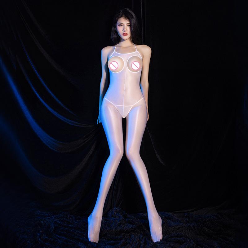 Sexy Oil Lesklý Body Dámské Tělové punčochy Průsvitné Kombinézy bez rukávů Erotické Přiléhavé punčochové kalhoty s rozkrokem