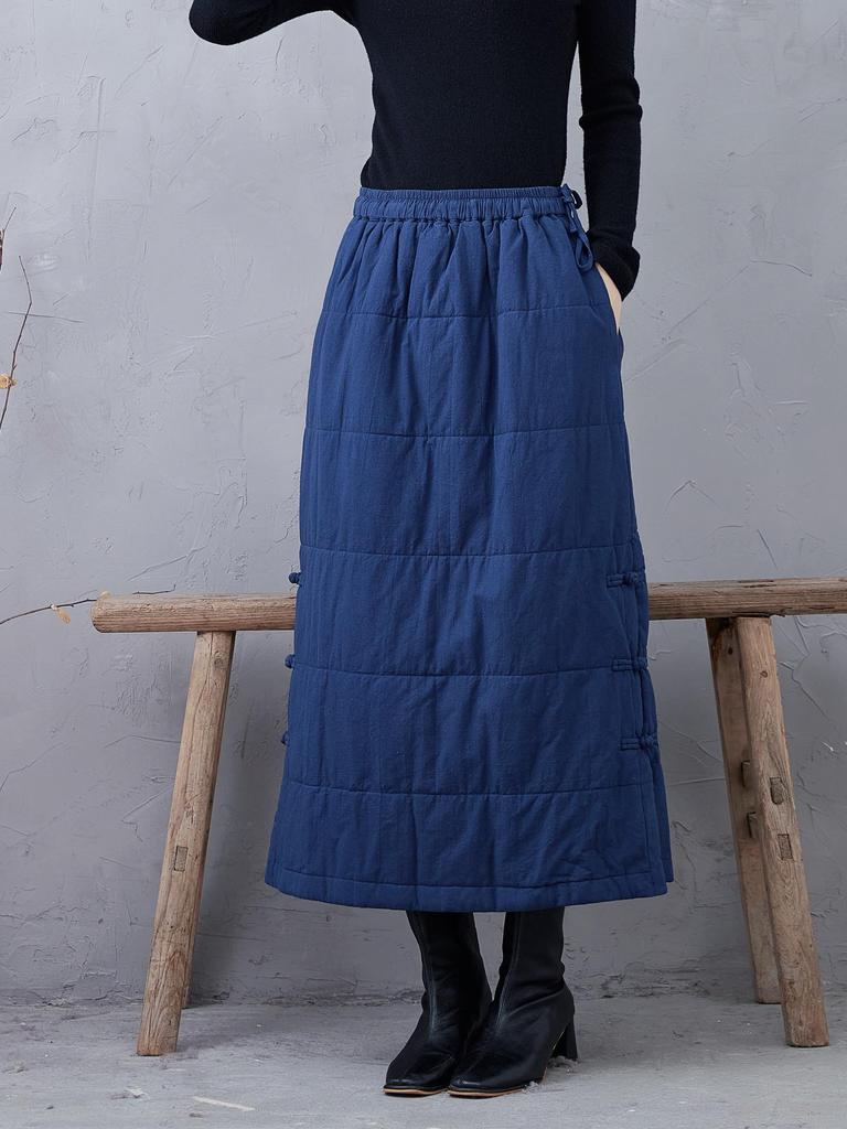 Autumn/Winter Navy Blue Quilted Cotton Midi Skirt - Plus Size, Slimming, Versatile, Chinese-Inspired, Intellectual Style