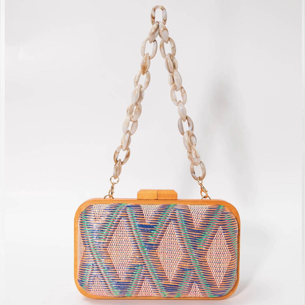 Modische Holzclip-Kupplungstasche für Damen Acrylketten Damen-Schultertaschen Geometrische Muster Handtaschen Sommer Strandparty-Portemonnaies