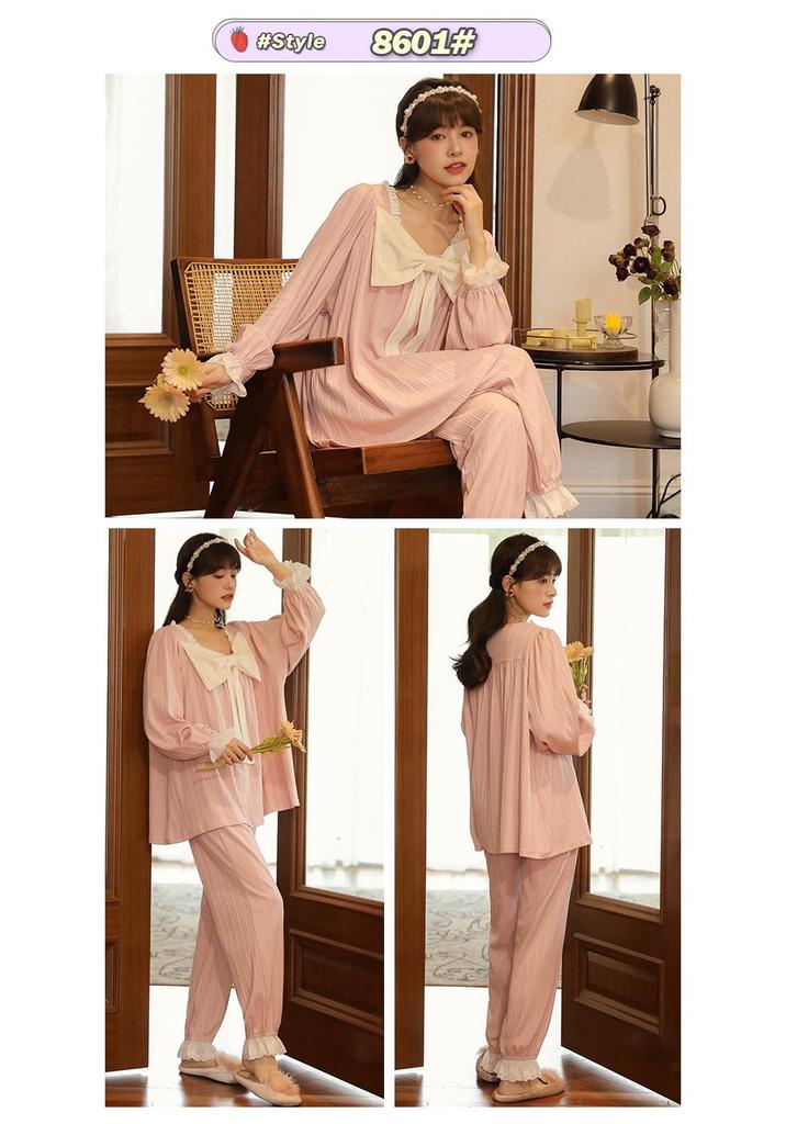 Tiruxin Women's Ribbed Long Sleeve Pajama Set - Retro Princess Court Style