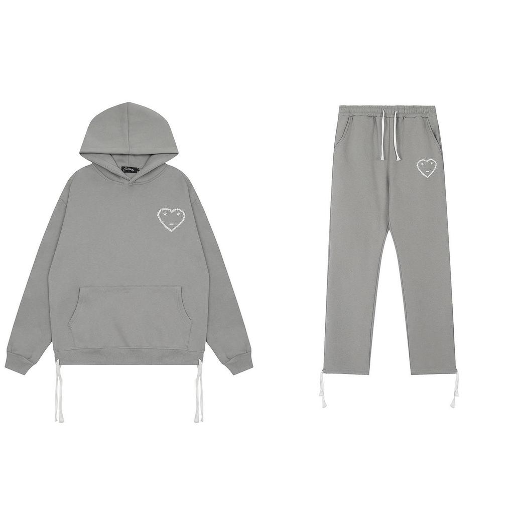 Set Casual de Jogging cu Imprimeu Inimă Carsicko High Street: Hanorac și pantaloni de trening din catifea pentru cupluri.