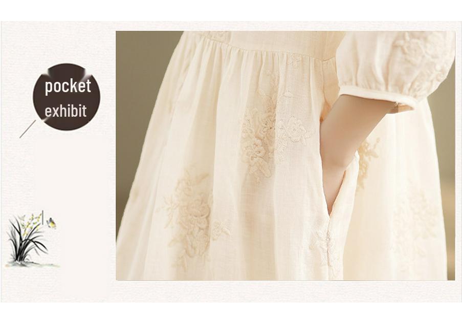 Elegant French Fairy Dress - Women's Heavy Embroidery Ramie Long White Dress