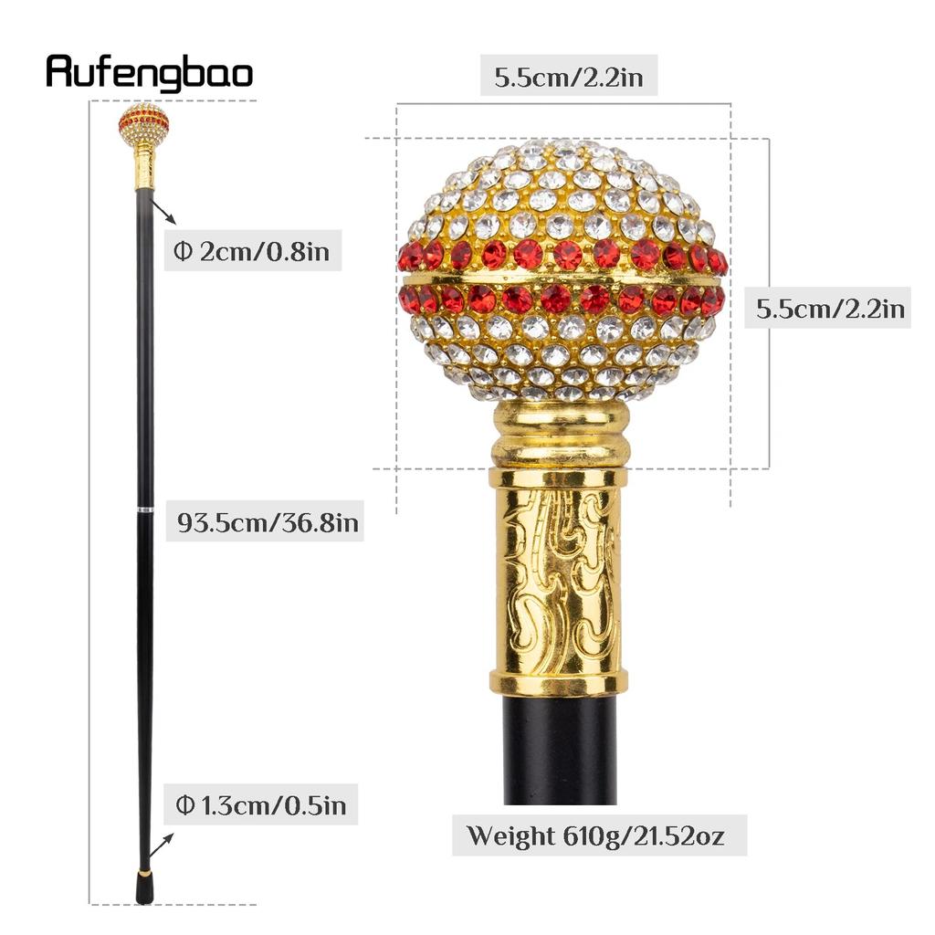 Weißer roter künstlicher Diamantball-Gehstock, modischer dekorativer Gehstock, eleganter Cosplay-Gehstock für Gentleman, 93,5 cm