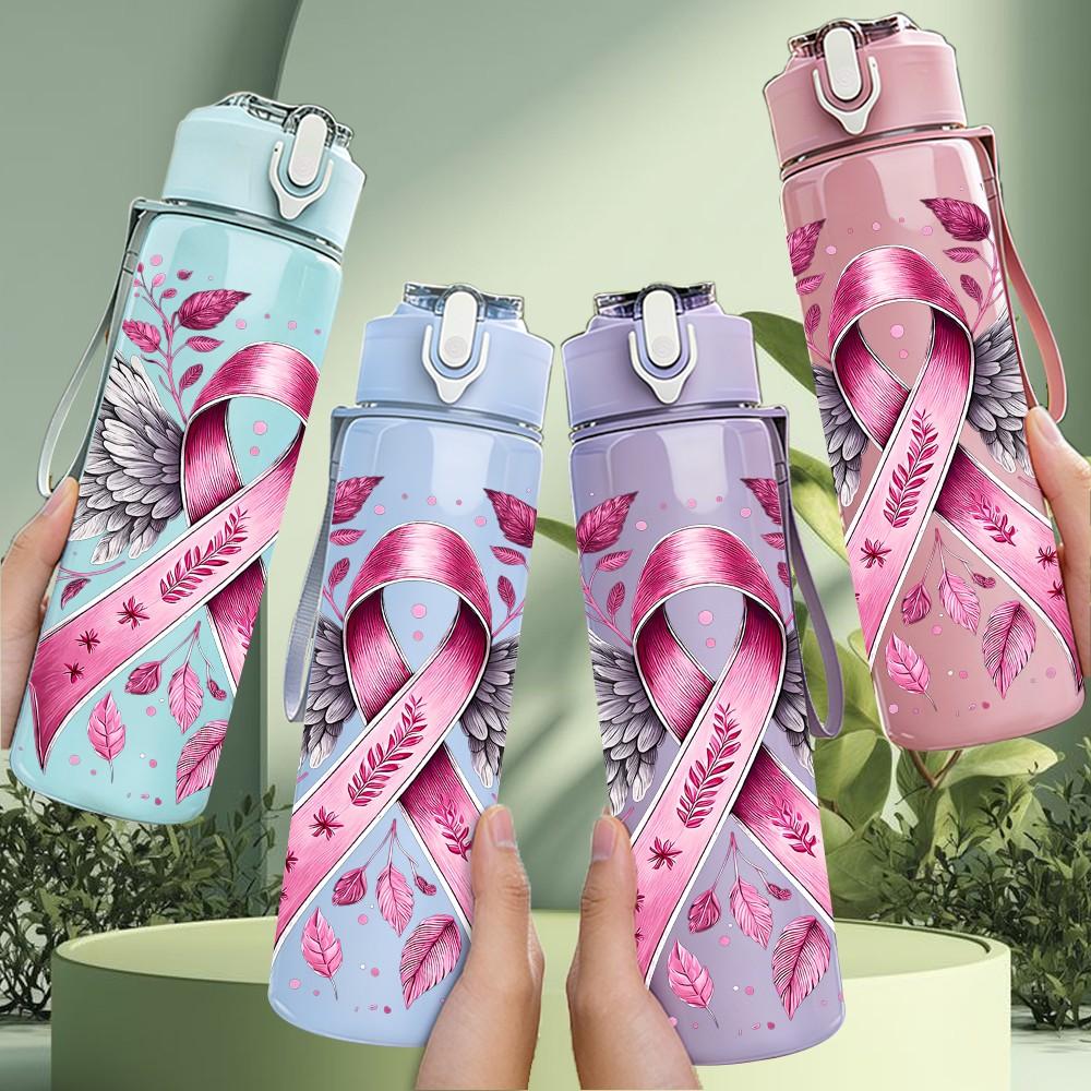 1PC Pink Ribbon Angel Breast Cancer Art 750ml Color Plastic Sports Water Bottle Leakproof Flip Straw Lid Suitable for Sports Office Home Use