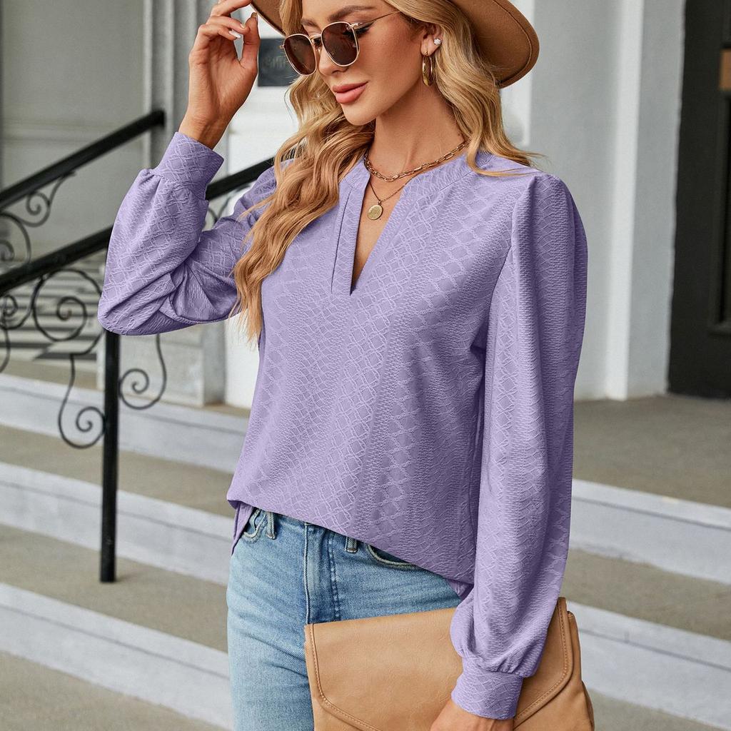 Spring Autumn Solid Top for Women V-neck Jacquard Long Sleeve Loose Blouse