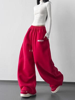 2026 Herfst/Winter Rode Hoge Taille Wijde Pijp Dames Sweatpants - Slankmakend, Casual, Sportief, met Trekkoord, Lang en Losse Pasvorm.