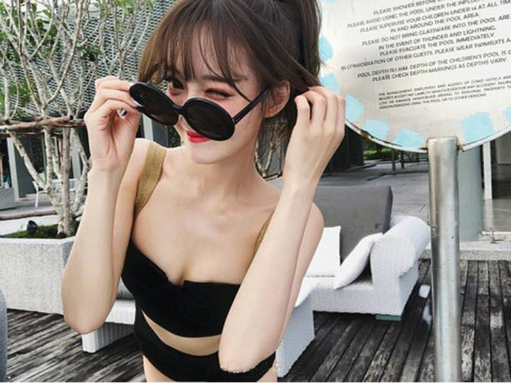 2024 New Korean Style Solid Color High Waist Tummy Control Bikini Swimwear