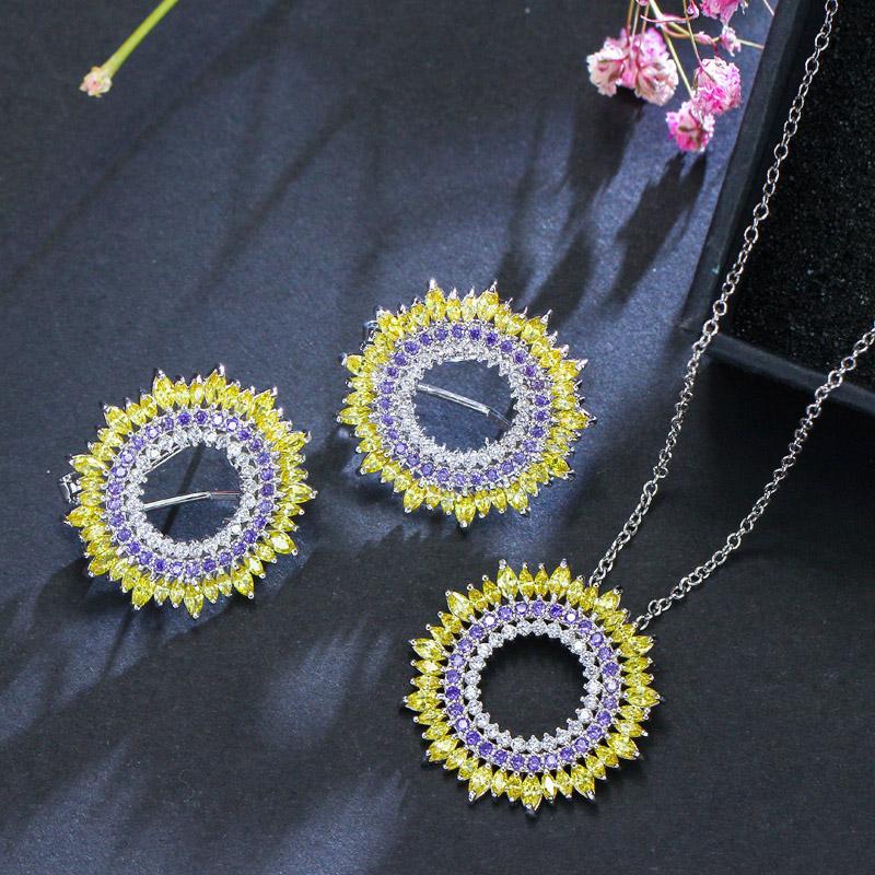 WWJ 2PCS Elegant Sun Shape Cubic Zirconia Earrings Necklace Sets