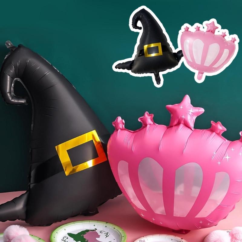 Pack of 12 Wicked Themed Party Balloons Feature Black Witch Hat and Pink Princess Crowns for Stylish Celebration