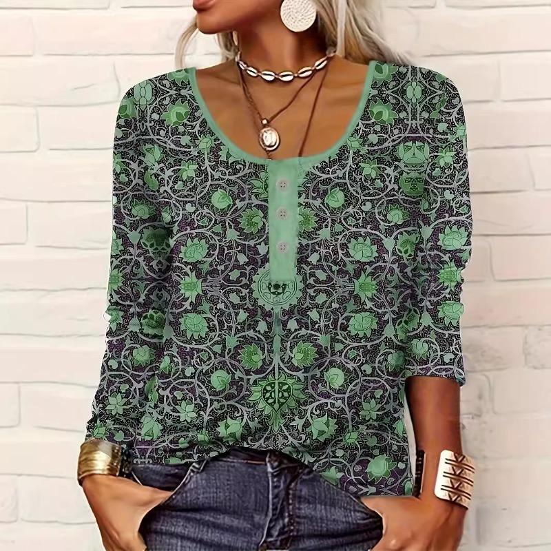 Women's V-neck Casual Ethnic Style Printed Button Up Oversized Women's T-shirt