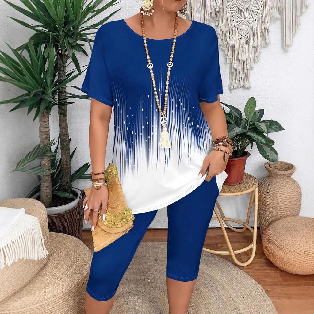 European & American Plus Size Gradient Short Sleeve Top and Mid-Length Shorts Two-Piece Set for Summer