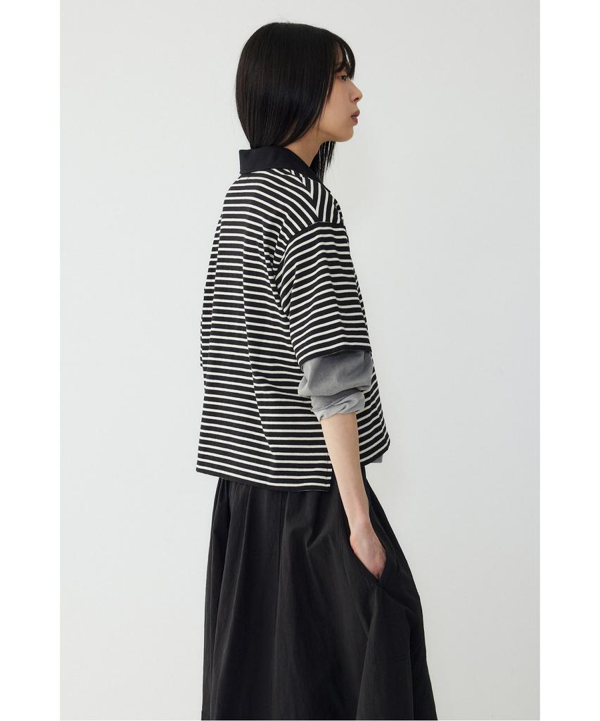 STUDIO TOMBOY Striped Semi-Crop Collar Short Sleeve T-Shirt _Black 9176322999