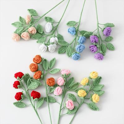 1PC Handmade Artificial Flowers Rose Bouquet Milk Cotton Multi-Head Home Decor Crochet Knitting