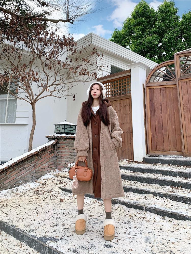 Women's Faux Two-Piece Hooded Lamb Wool Coat - Thick, Stylish Korean Winter Long Coat