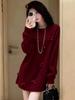 Women's Red Bow Knit Dress - Autumn/Winter Outerwear, Loose Fit, Mid-Length, Lazy Style Base Layer, Knitted Short Skirt