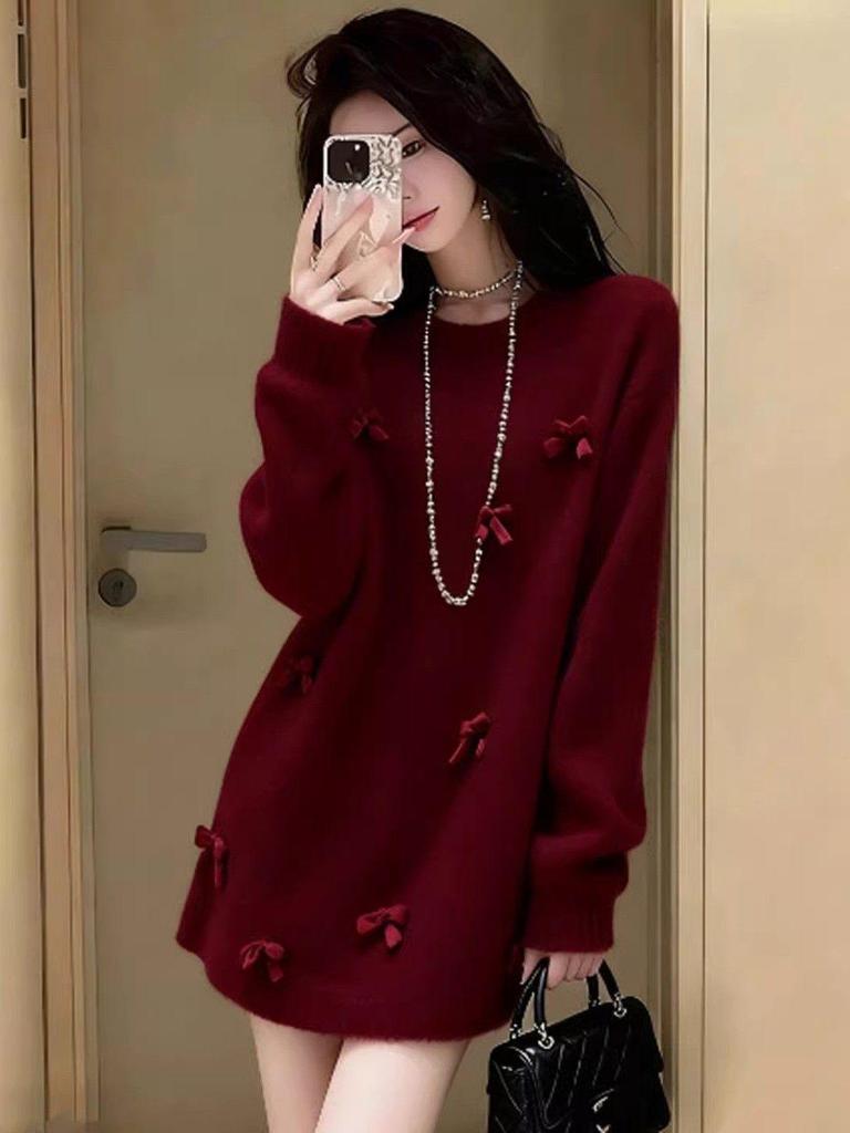 Women's Red Bow Knit Dress - Autumn/Winter Outerwear, Loose Fit, Mid-Length, Lazy Style Base Layer, Knitted Short Skirt