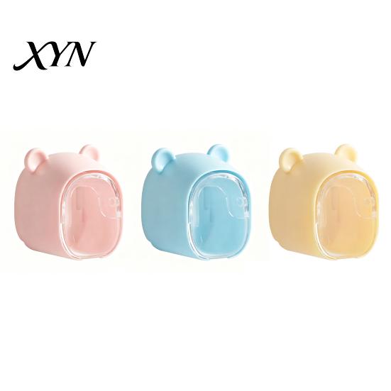 Space Saving Toothbrush Case Cute Bear Wall Mounted Holder with Dustproof Flip Cover, Single Dispenser Storage Organizer, Drill-free Electric/Manual