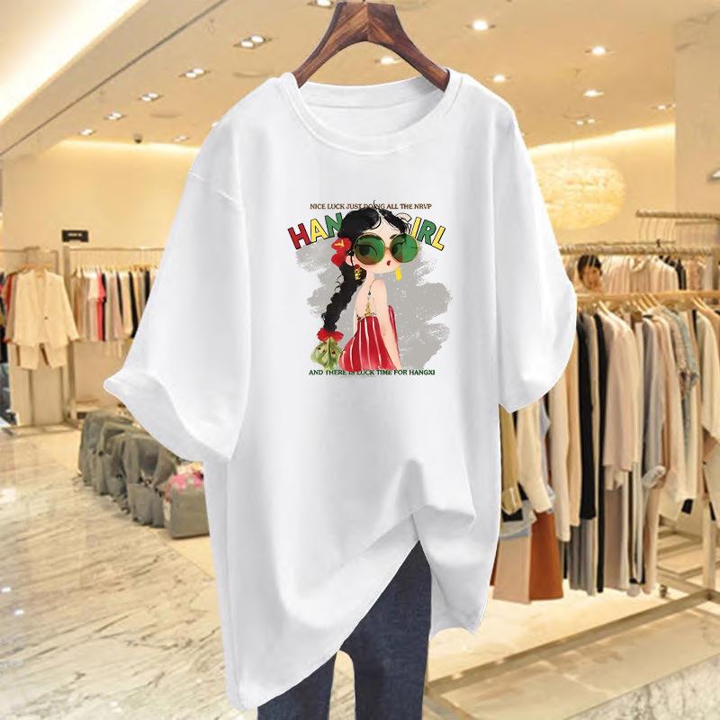 

2025 new summer cotton printed short-sleeved t-shirt women s loose t-shirt design sense medium and long top base S