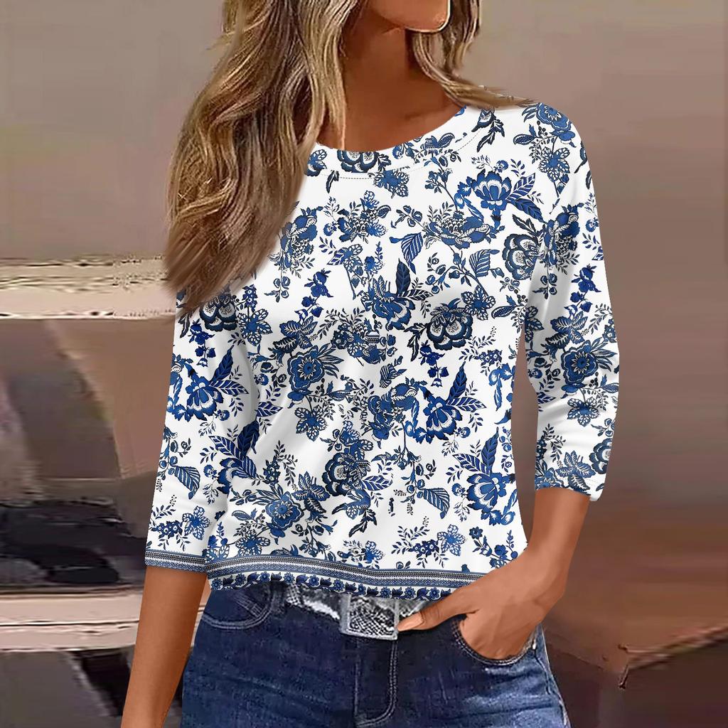 Women's Three-Quarter Sleeve Shirt, Round Neck, Loose Fit, Casual Shirt, Floral Print T-Shirt, Summer