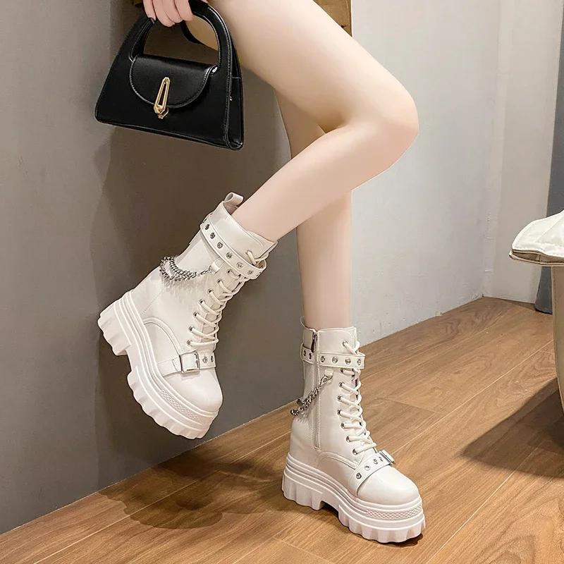 Fashion Women's Mid-calf Boots Autumn 2024 Fashion PU Leather Chain Platform Black Booties Punk British Style Casual Shoes for Ladies
