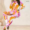 Women Plus Size Printed Round Neck Long Sleeve Top And Fitted Long Pants Two Piece Set