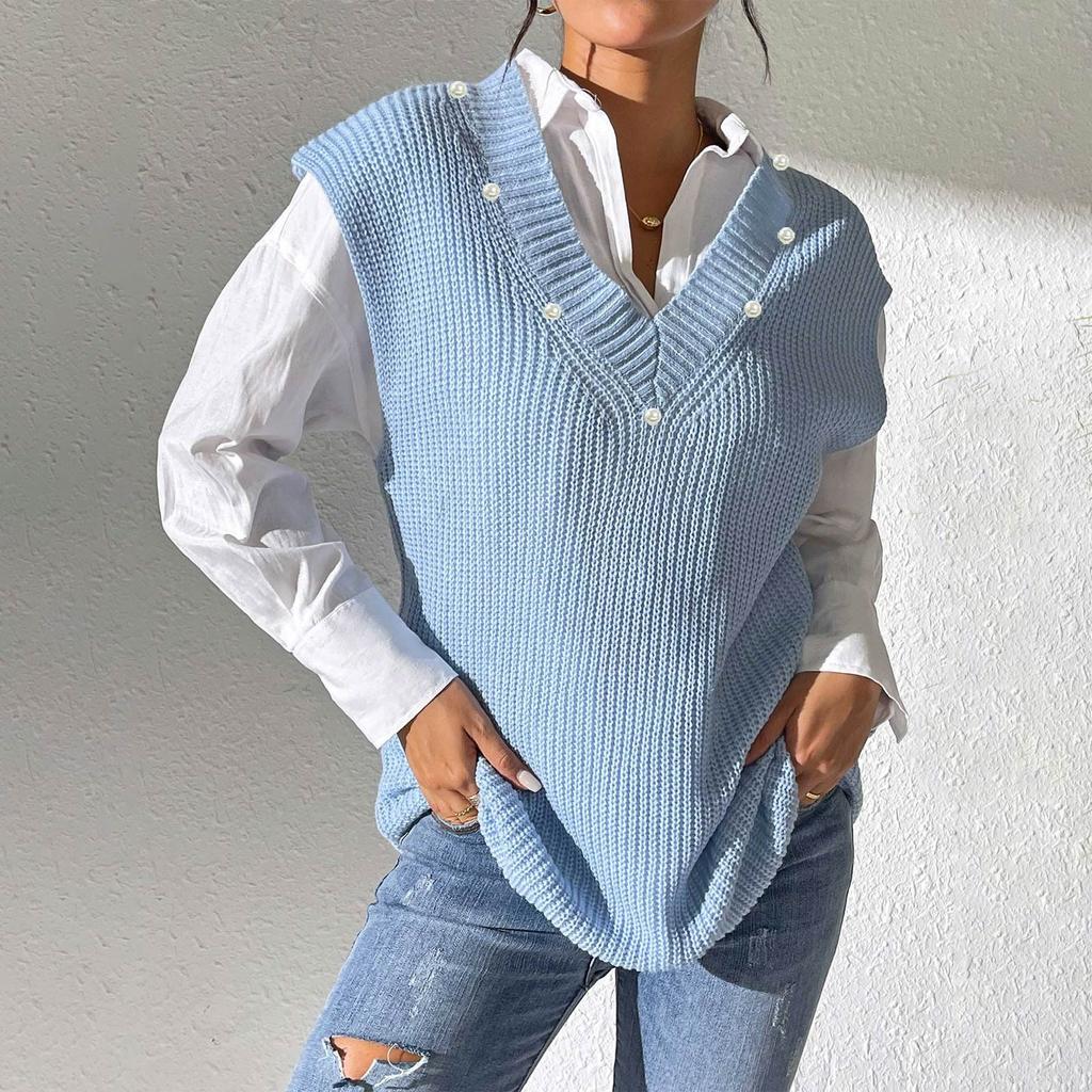 Dámská jarní a podzimní nová vesta s výstřihem do V, pletená vesta, bunda s perlovým zdobením