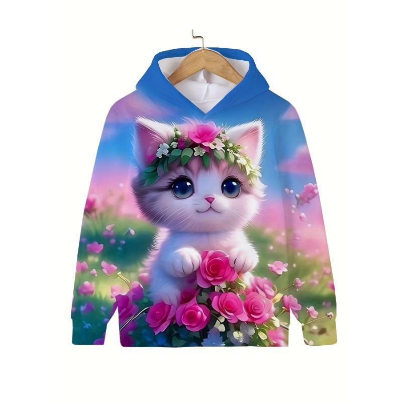 Abbigliamento per bambini Felpe con cappuccio Vestiti per ragazze Manica lunga Stampa di gatti carini Casual per bambini Estate Autunno Vestiti per bambini Top per esterni