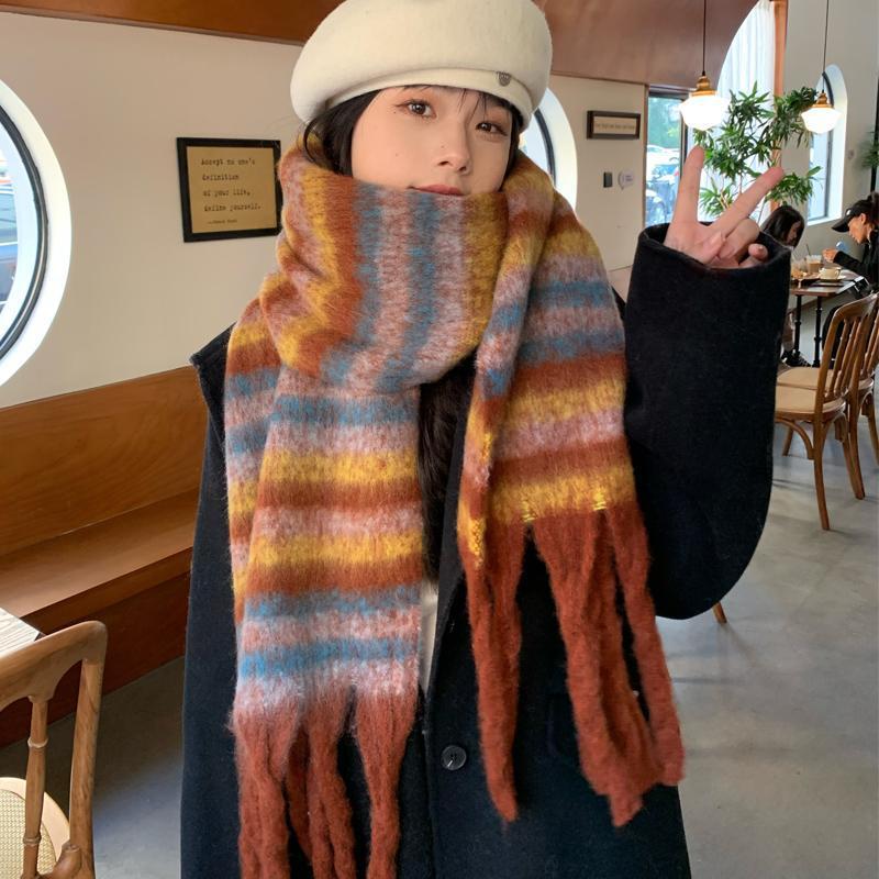 Korean Version of Striped Seahorse Hair Scarf Winter Girls High-end Pulling Color Warm Scarf Student Couple Shawl