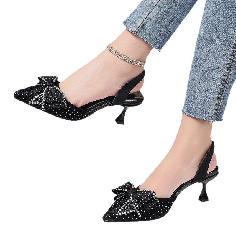 2026 New Slim Heel Foreign Trade Baotou Temperament Water Diamond Pointed Bow High Heels
